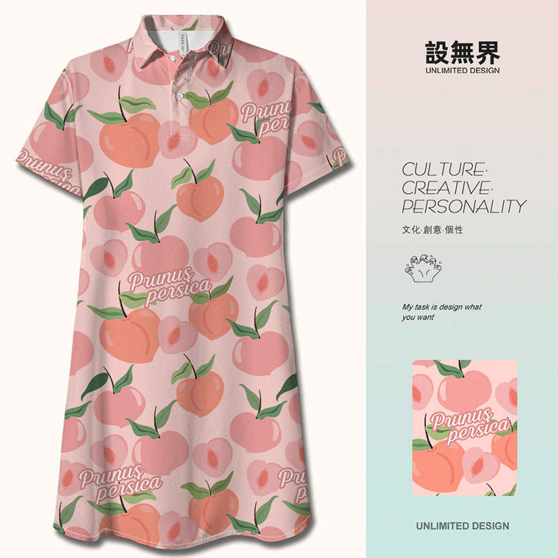 日系手绘水蜜桃可甜可盐设计感POLO领连衣裙裙子短裙0015设 无界