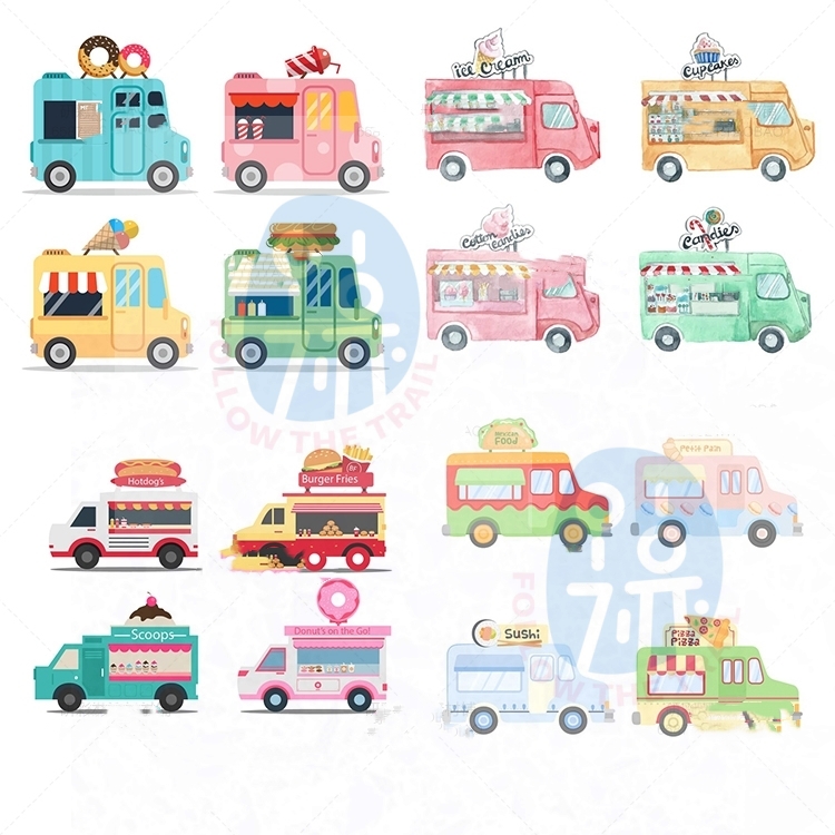 夏日卡通冰淇淋车手绘水彩小汽车儿童插画手帐生日KT板矢量AI素材