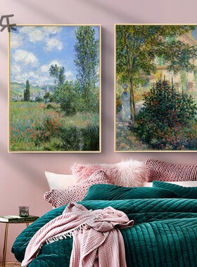 莫奈印象派欧式风景油画蒙梭公园人物客厅卧室三联组合床头挂画