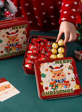 卡通耶诞曲奇饼干包装盒正方形铁罐家用烘焙专用培可爱包装铁盒子