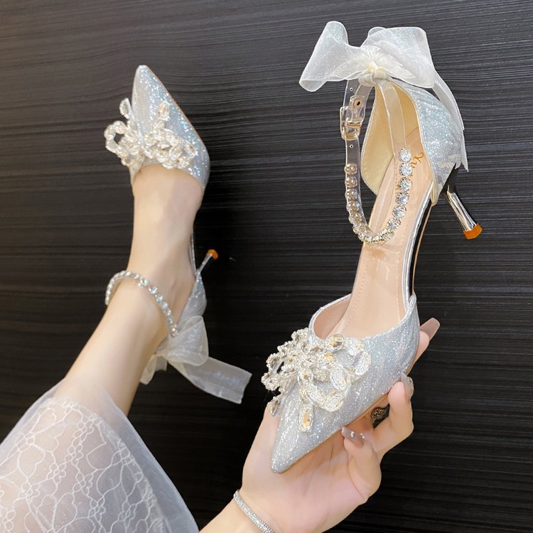 高跟鞋女细跟尖头单鞋2023新款水晶婚鞋新娘鞋结婚婚纱婚礼订婚鞋