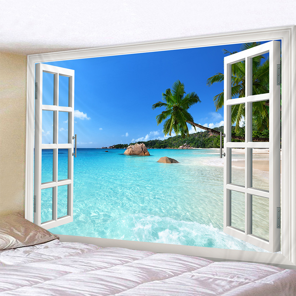 窗户自然风景海滩超大墙布装饰挂毯直播背景布床头卧室遮挡挂布