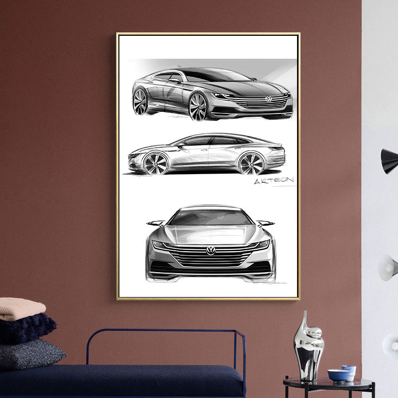 大众CC轿车设计稿装饰画 VW Arteon轿跑手绘线稿草图汽车壁画海报