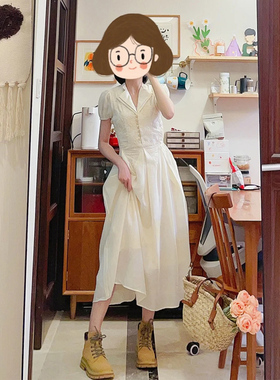 高级设计感度假风白色连衣裙女夏季刺绣拼接翻领收腰显瘦绝美长裙
