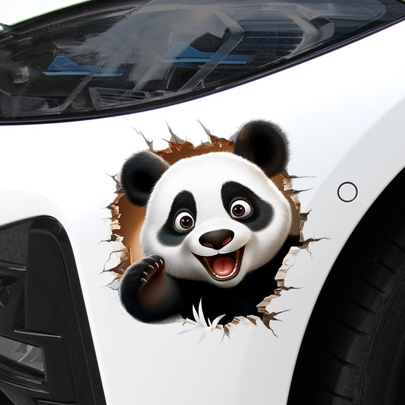 个性创意熊猫抓痕汽车贴纸车身划痕遮挡贴电动摩托车3D卡通贴防水