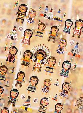 韩国funny贴纸印第安人手账帐相册素材可爱卡通动漫人物装饰贴画
