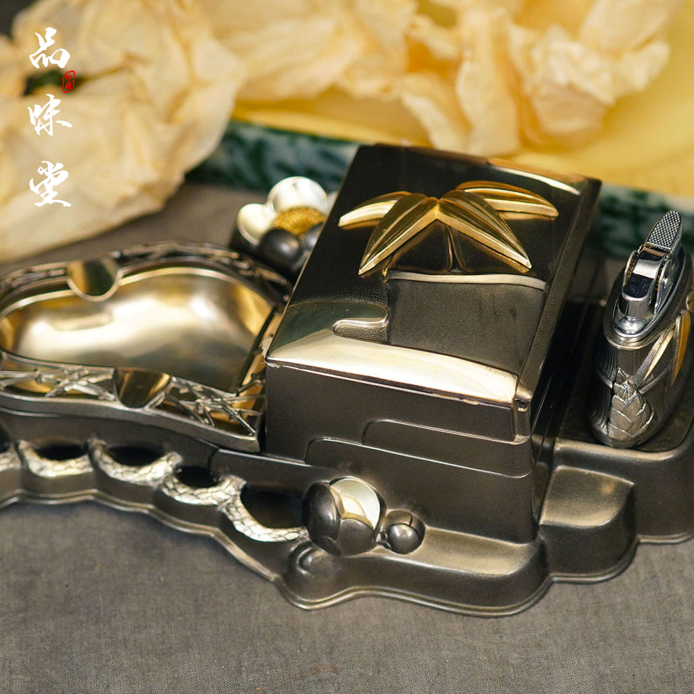 1950年日本君子竹韵古董打火机八音盒音乐烟盒烟灰缸机械发条绝版