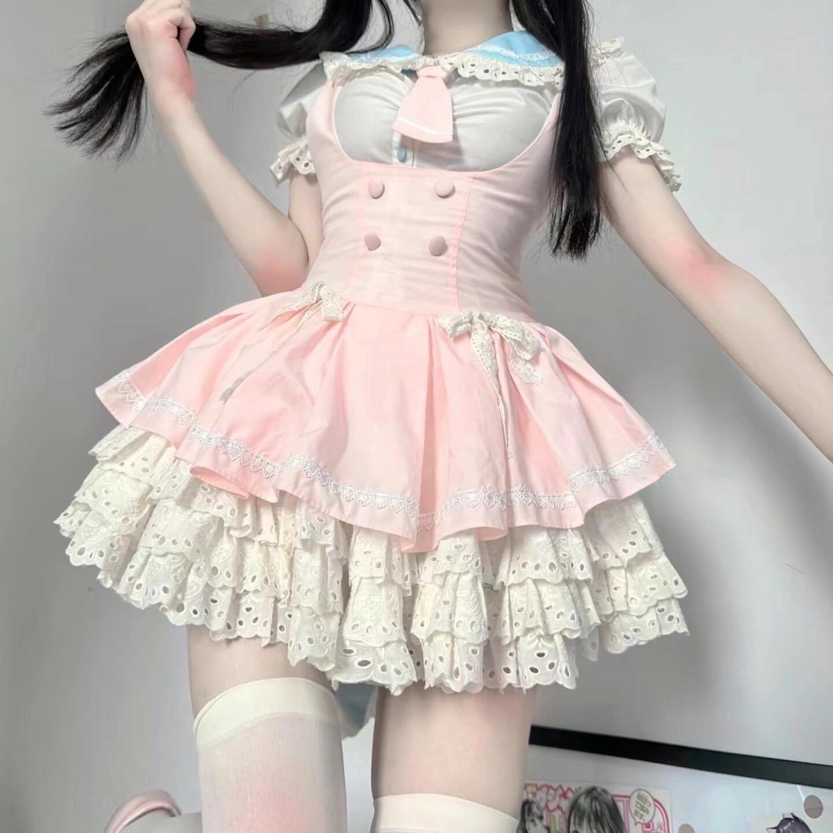 日系甜美Lolitaop少女收腰显瘦洋装洛丽塔背带连衣裙泡泡袖衬衣女