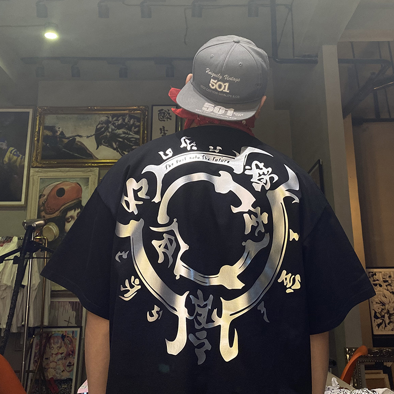 chicano中式原创机车街头嘻哈宽松大码短袖T恤男奇卡诺纹身T