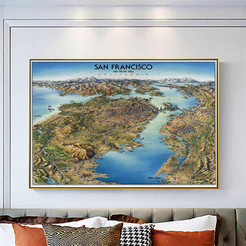 旧金山湾区鸟瞰地图装饰画加州海港美国高科技城市硅谷三藩市海报