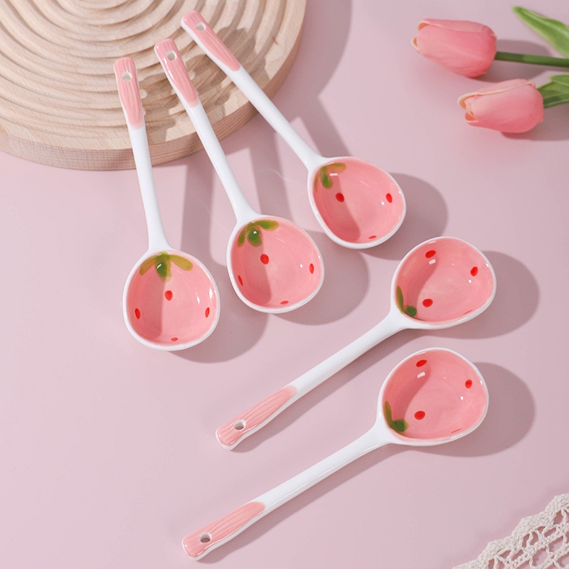 粉红草莓陶瓷大汤勺釉下彩家用盛汤舀粥大勺子调羹粉色少女心餐具