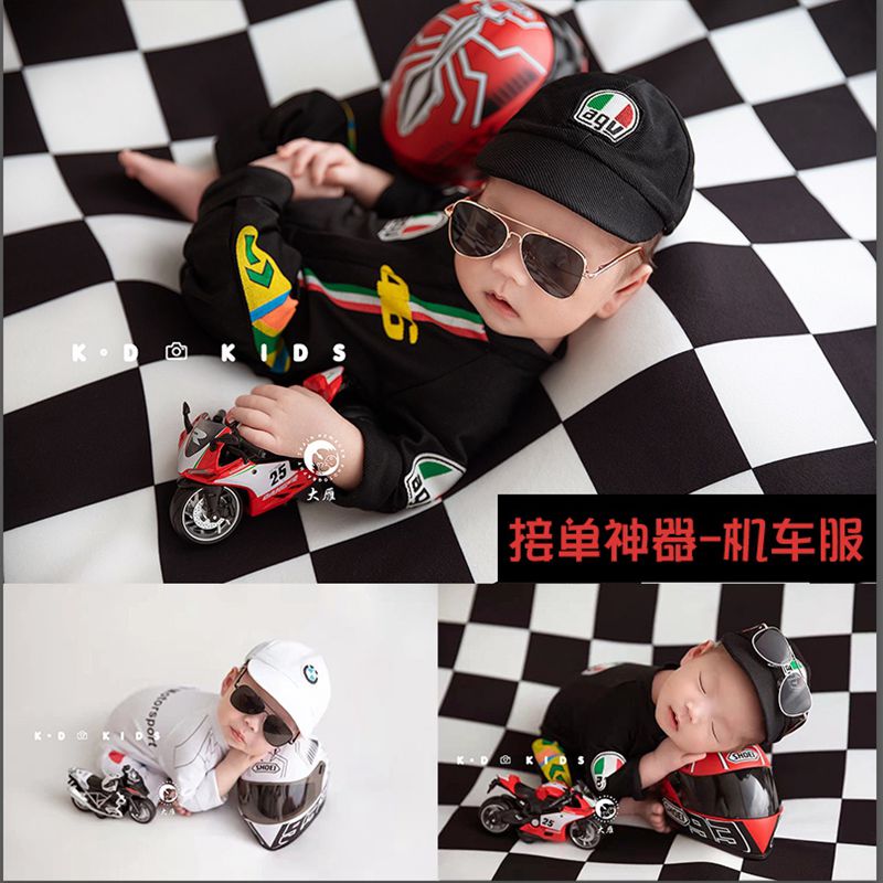 新生的儿拍照道具儿童摄影服装满月婴儿照相摩托车影楼赛车服模型