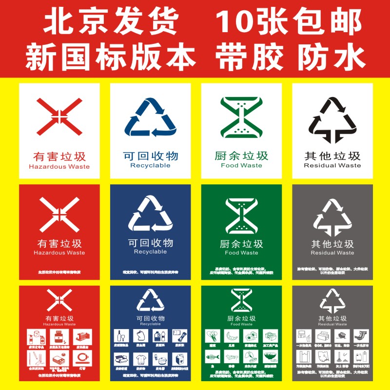 垃圾桶分类标识标贴纸不可回收物新国标垃圾分类北京垃圾分类标识