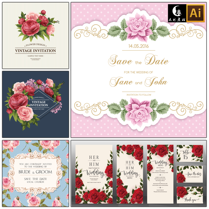 浪漫玫瑰花朵花卉情人节婚礼邀请函请柬海报矢量图片设计素材