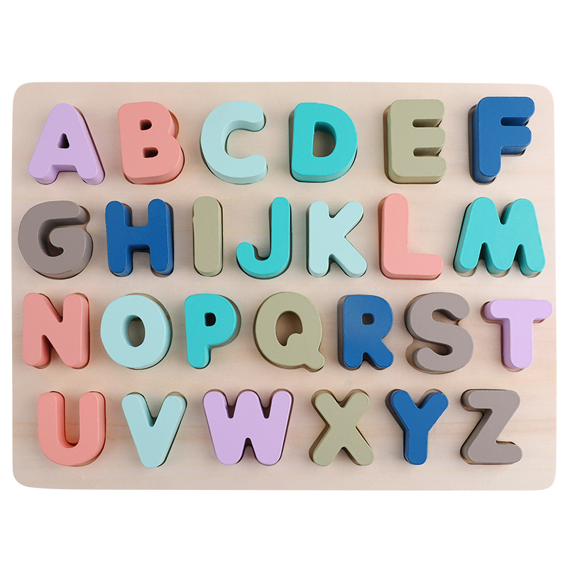 儿童益智拼图拼版马卡龙木制数字字母 形状认知板手抓板木质玩具