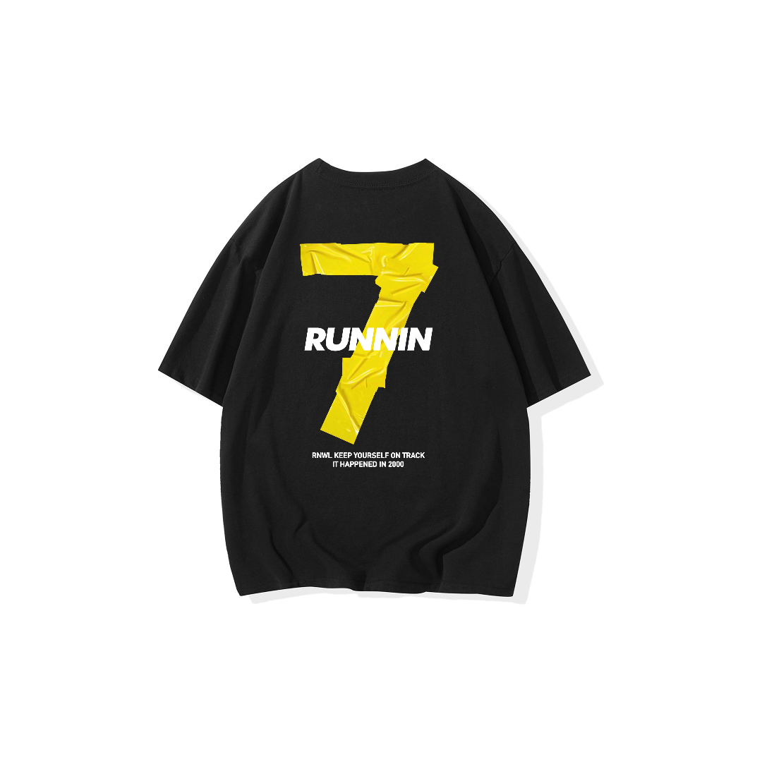 RUNNINWHEEL数字人生系列美式黄色胶带幸运数字7印花字母短袖T恤