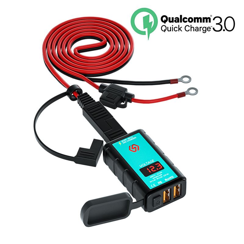 摩托车SAE插头+1.4mOT端转USB手机充电器双QC3.0方形充电器电压表