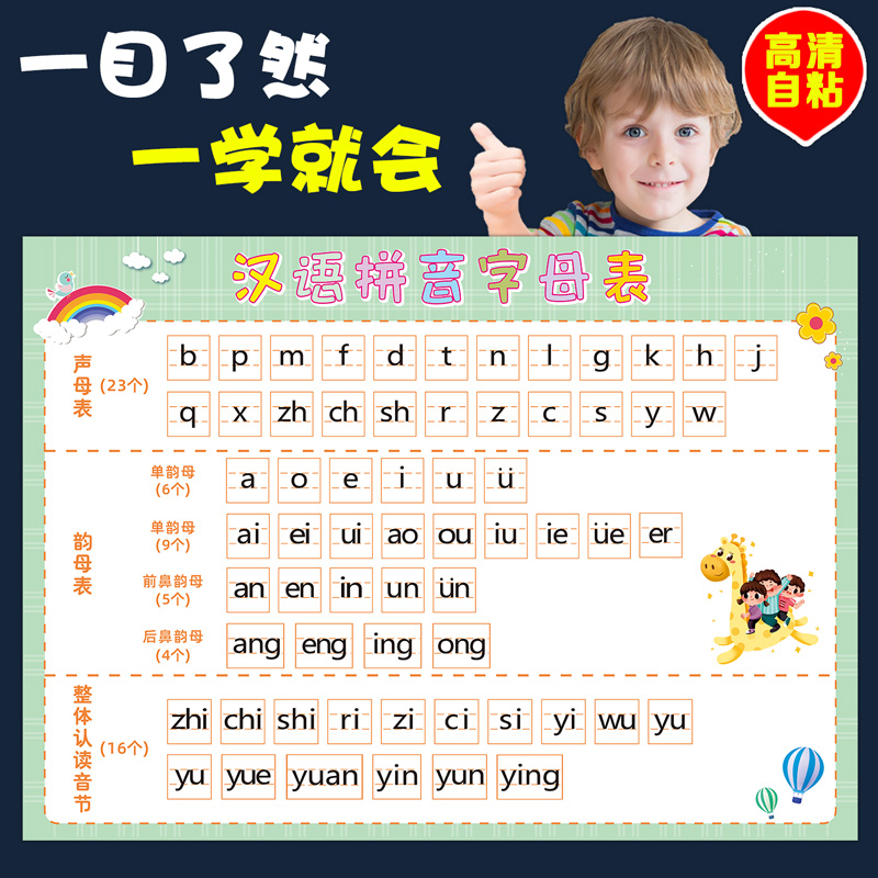 一年级aoe26个汉语拼音字母表墙贴声母韵母整体认读音节全套儿童