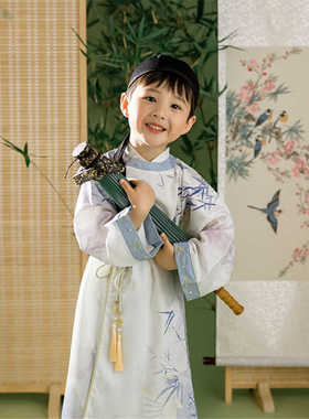 男童古装帅气男宝宝宋制中国风儿童圆领长袍竹子印花演出服两件套