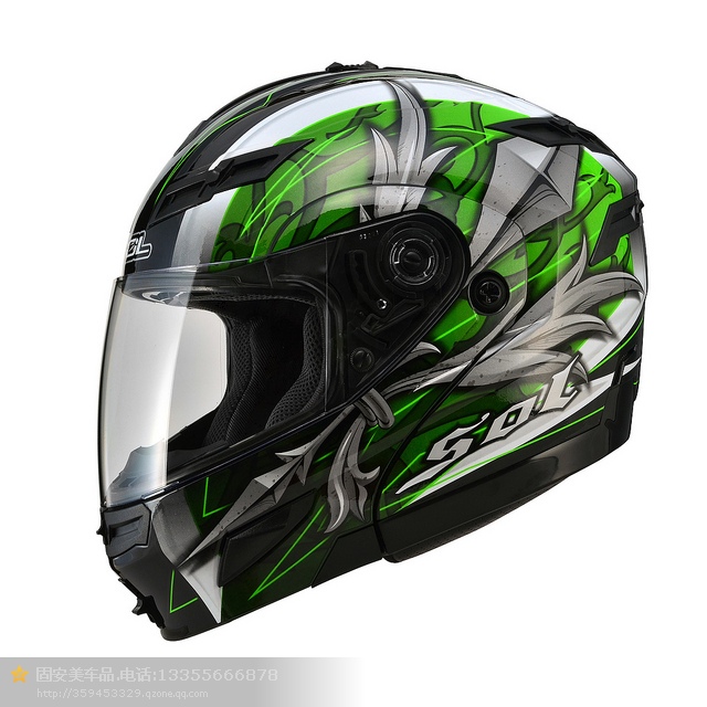台湾进口SOL头盔SM-1黑绿色天剑双镜片揭面盔带LED灯摩托车全盔