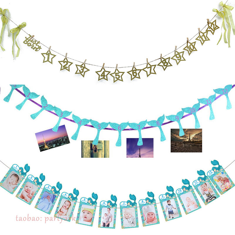 宝宝1周岁照片横幅儿童生日照片墙拉旗美人鱼独角兽派对布置用品