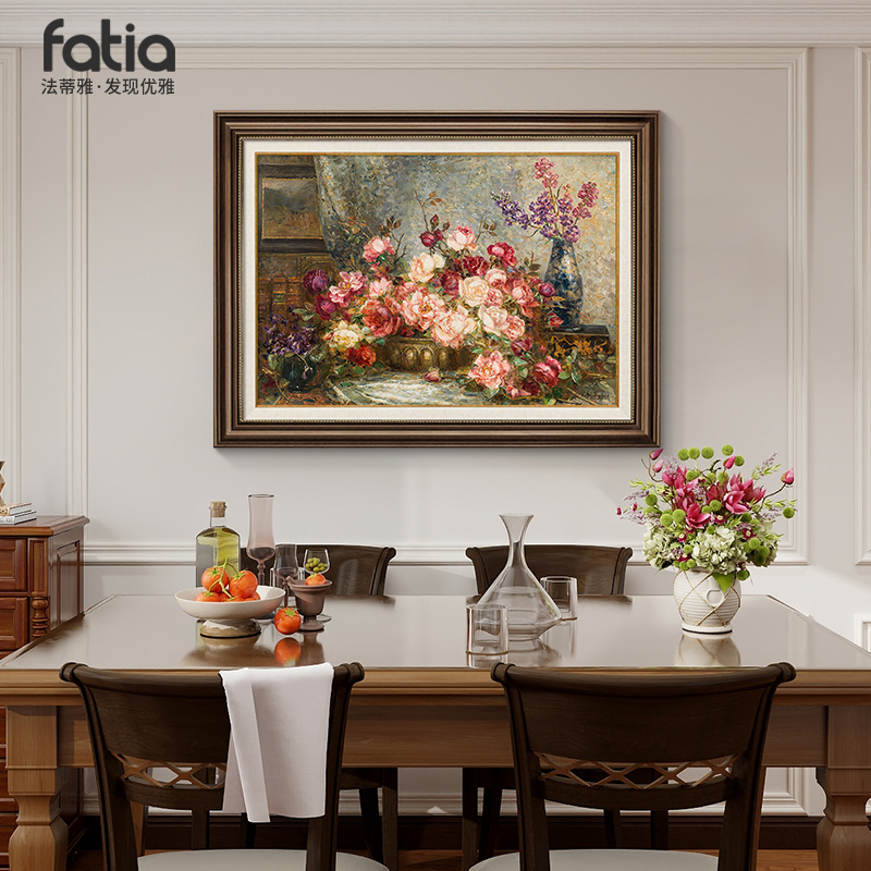 纯手绘油画美式餐厅装饰画花卉饭厅背景墙挂画高级感玄关客厅壁画