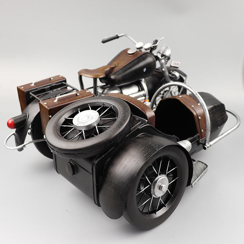 美式大号挎斗摩托车模型铁艺偏三轮收藏工艺品摆设怀旧侉子车摆件