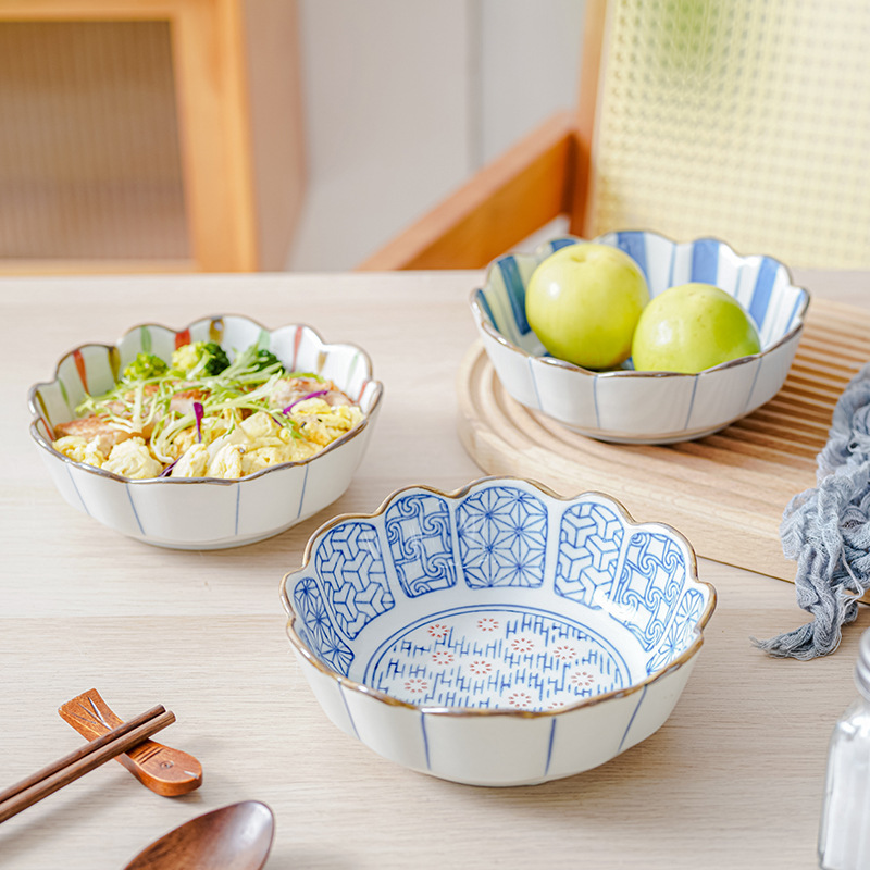 不规则圆形花边陶瓷沙拉碗高温手绘陶瓷碗冰粉蔬菜水果盘家用通用