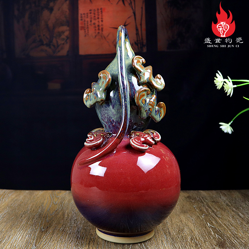 禹州钧瓷花瓶家居客厅新中式钧窑变陶瓷器工艺品葫芦摆件五福临门