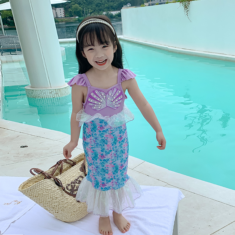 女童可爱美人鱼公主连体游泳裙2024夏季新款户外海边度假游泳衣装