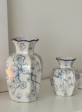 新中式高级感青花瓷复古花瓶陶瓷鲜花插花器客厅玄关装饰品摆件