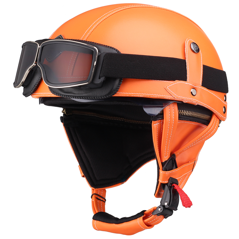 KCO夏季复古摩托车头盔踏板电动机车安全帽橘色皮革哈雷半盔骑行