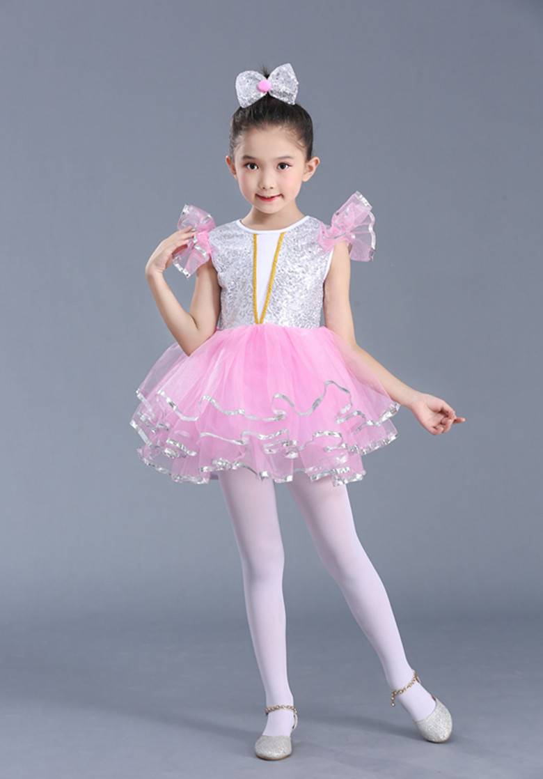 六一儿童节表演服装女童白色公主裙舞蹈服蓬蓬纱裙亮片现代舞蹈裙