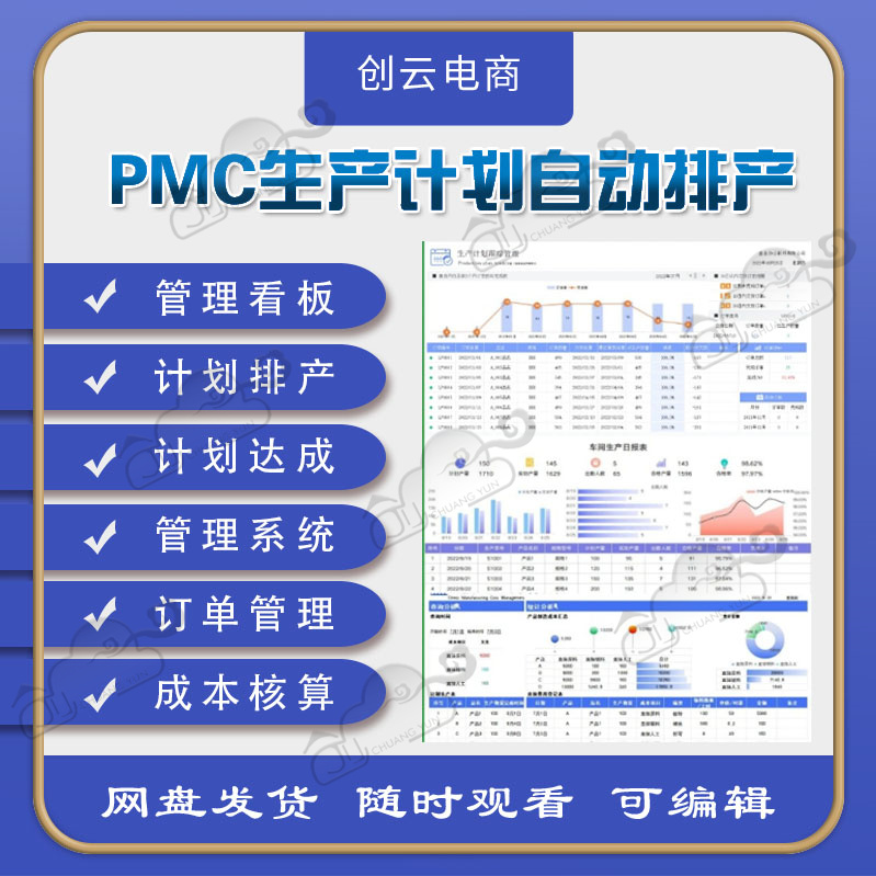 pmc生产计划自动排产表车间生产管理进度图表订单管理成本分析表