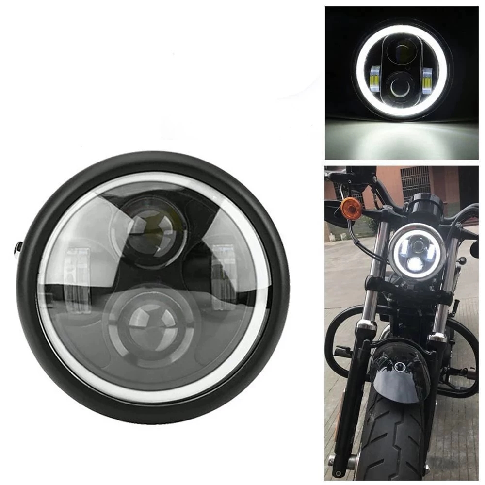 led新款摩托车改装LED复古大灯CG125GN125前照灯哈雷天使眼6.5寸