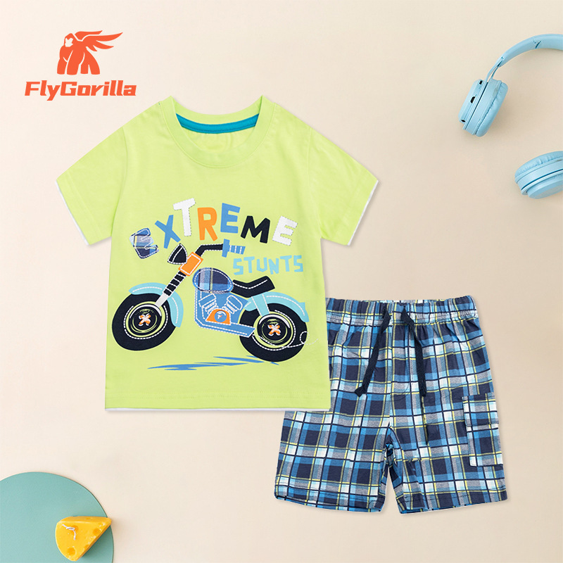 夏季儿童短袖套装T恤纯棉男童摩托车交通工具衣服宝宝童装两件套6