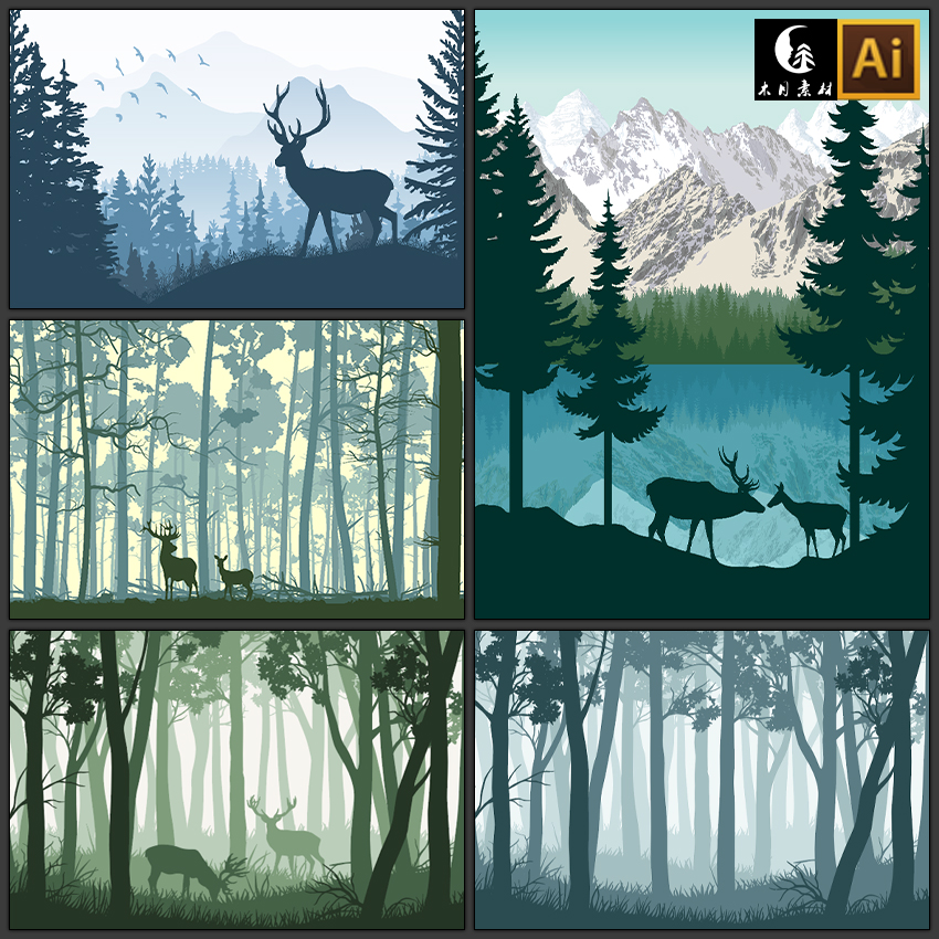 剪影原始森林树林麋鹿动物插画风景矢量图片设计素材