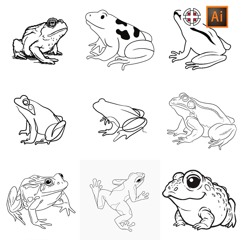 黑白手绘青蛙草图素描简笔画AI矢量设计素材