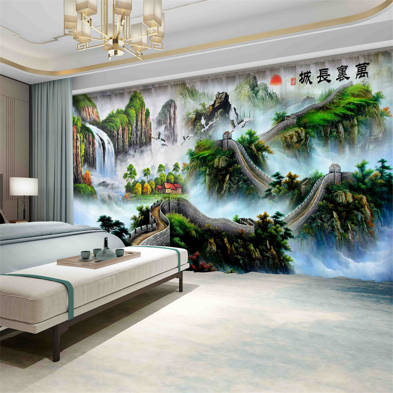 新中式山水风景画靠山图窗帘遮光2024新款中国风泰山客厅别墅纱帘