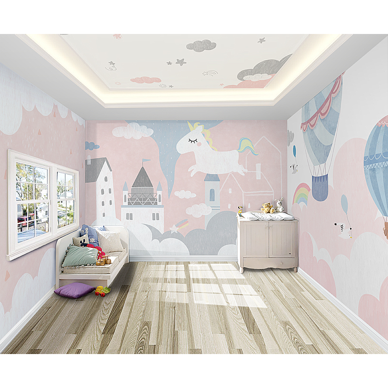 粉色儿童房卧室壁纸壁布环保女孩公主房儿童乐园卡通主题墙纸墙布