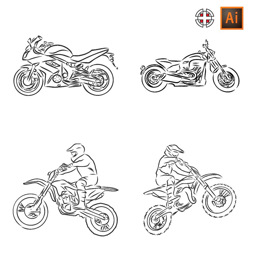 摩托车草图黑白手绘素描AI矢量设计素材
