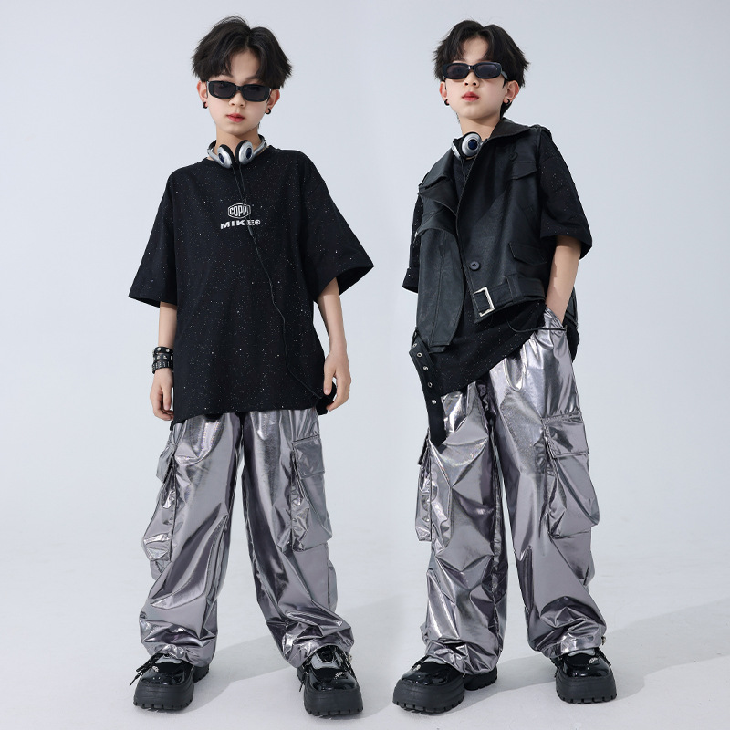 六一街舞演出服儿童嘻哈机车皮衣马甲套装hiphop银色裤子夏季2024