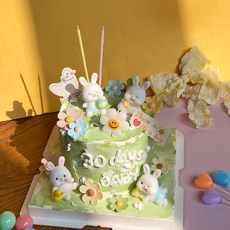烘焙兔宝宝满月周岁生日蛋糕装饰网红可爱小兔子摆件卡通小花插件