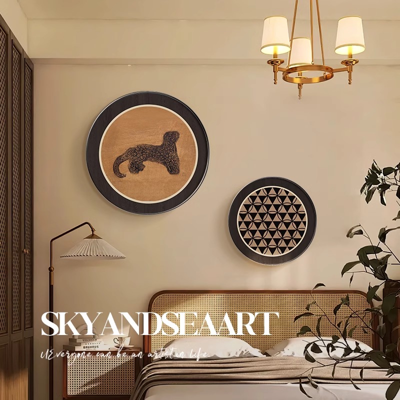 中古风主卧室床头装饰画复古客厅沙发背景墙挂画小众艺术圆形壁画