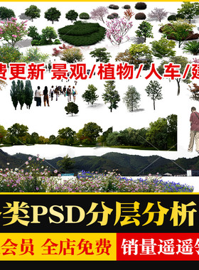 园林景观设计PSD古建树木花草植物人物鸟瞰图效果图PS后期素材库