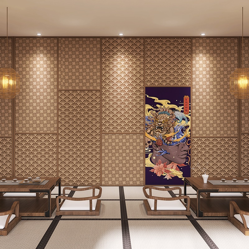 日式浮世绘背景墙纸复古木纹格栅寿司店餐厅和风壁纸墙布网红拍照