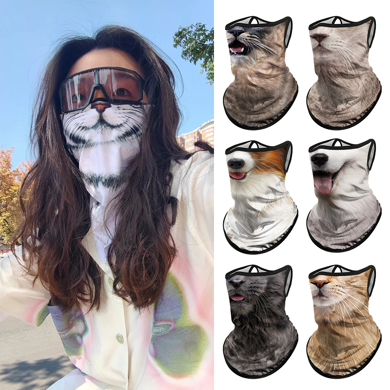 夏季冰丝防晒挂耳面罩面巾摩托车骑行半脸动物猫咪橙猫薄款头巾女