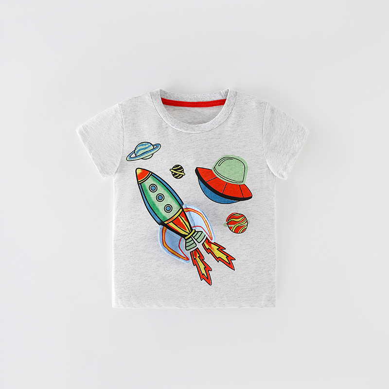 欧美童装夏季男童短袖T恤纯棉薄款卡通飞船4岁儿童夏天衣服半袖衫