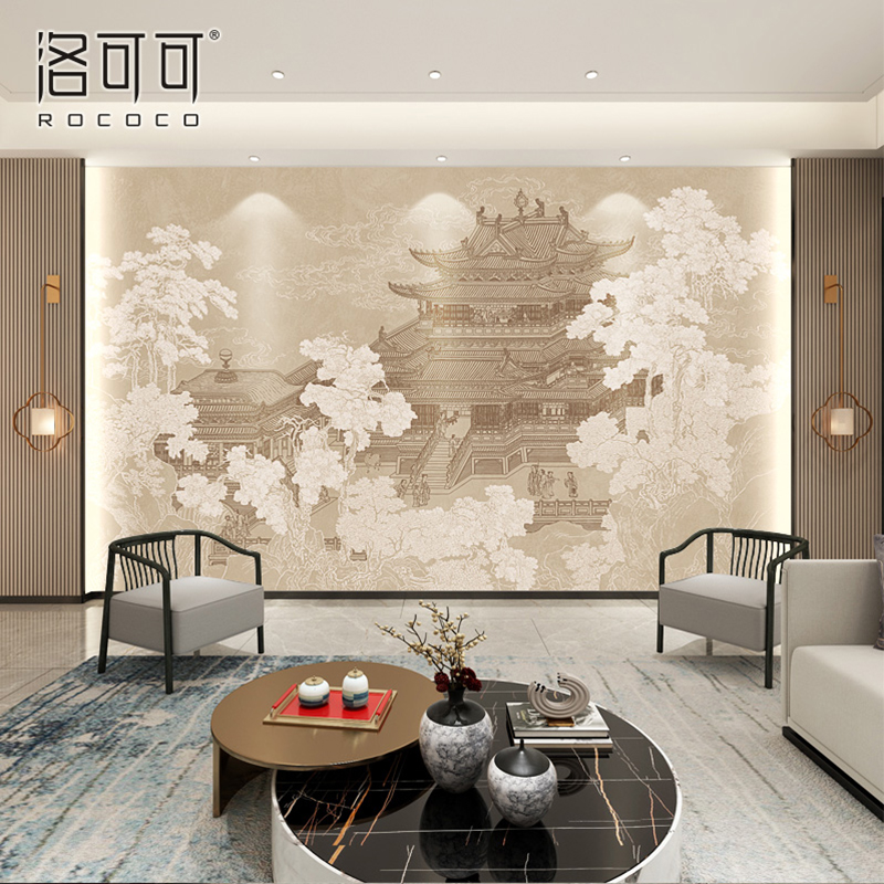 现代新中式山水楼阁壁布意境祥云墙布客厅沙发背景墙壁纸茶室壁画