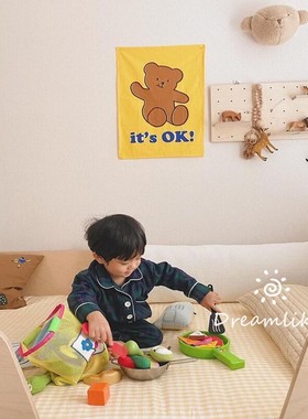 韩国ins风简约可爱小熊挂布儿童房卡通墙壁装饰布泰迪熊拍照背景